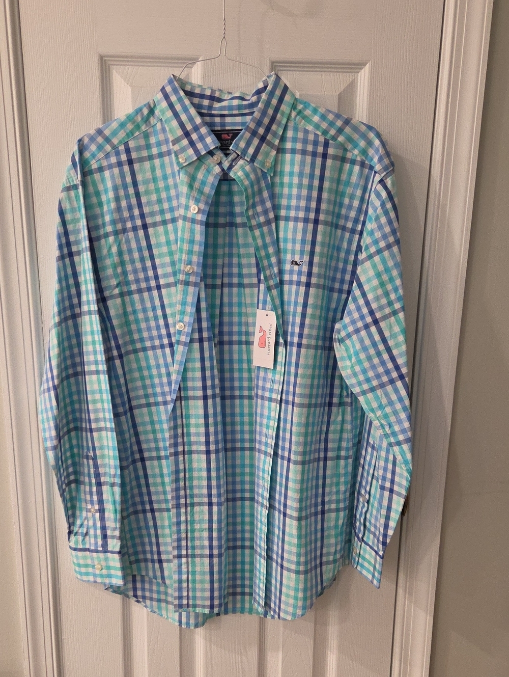 Vineyard Vines Blue and Aqua Plaid Button-Down Shirt, Size Large,Nwt